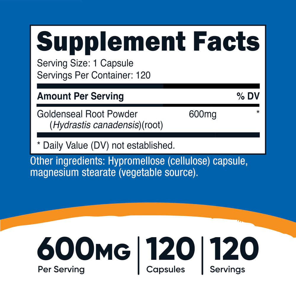 Nutricost Goldenseal capsules close-up highlighting vegetarian capsules and easy one-capsule serving.
