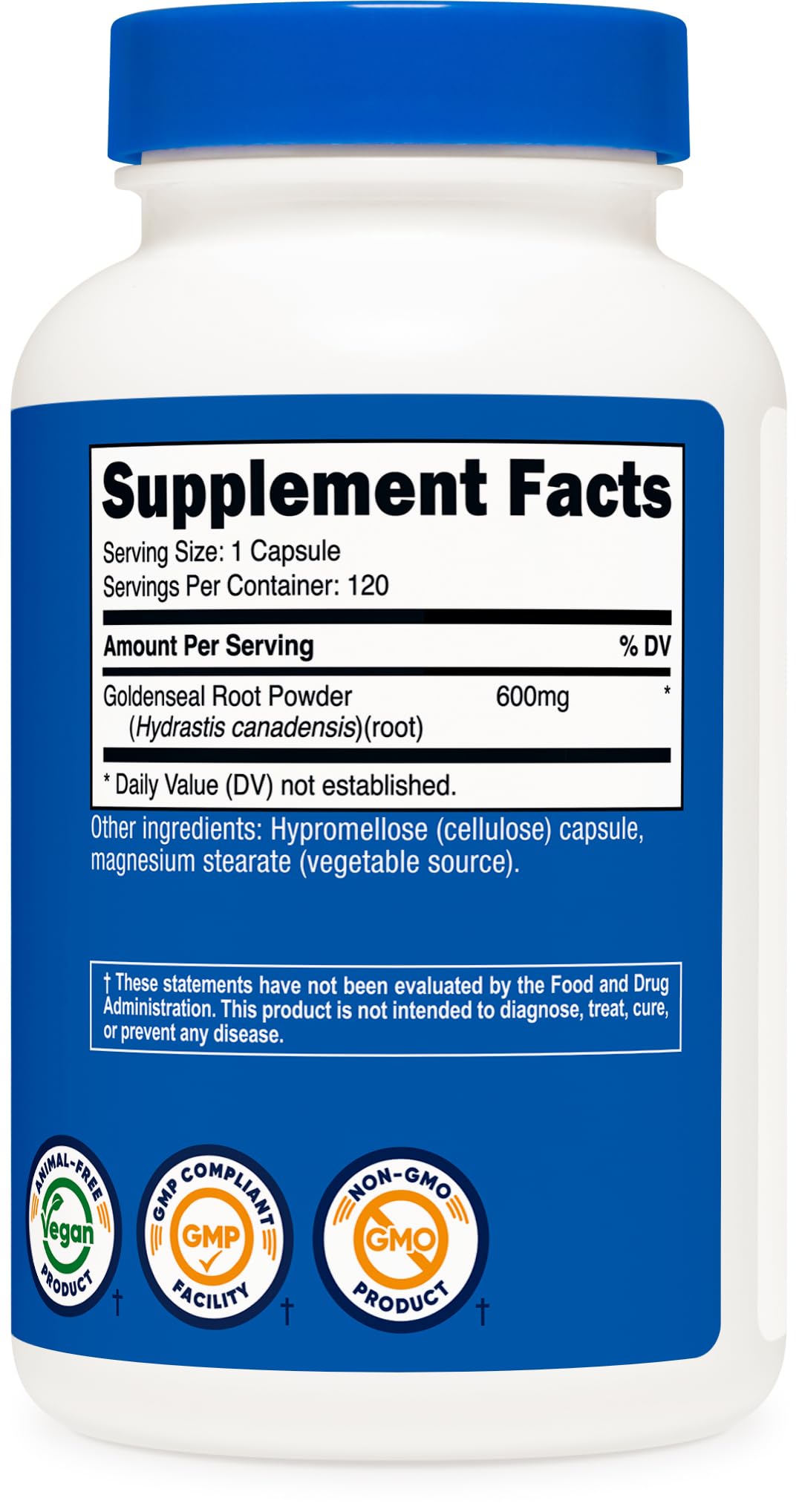 Nutricost Goldenseal packaging on shelf highlighting gluten-free and non-GMO features.