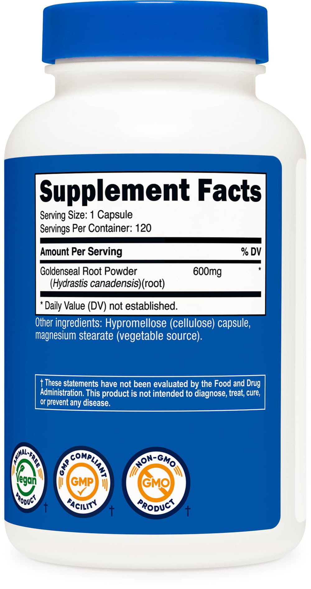 Nutricost Goldenseal packaging on shelf highlighting gluten-free and non-GMO features.