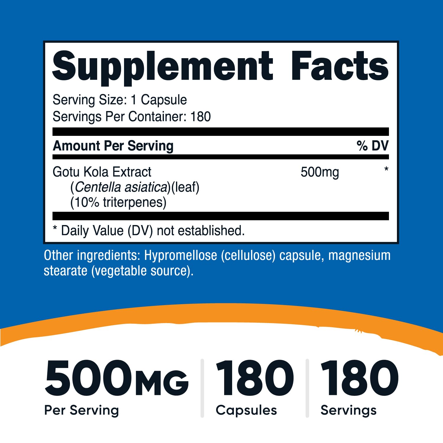 Nutricost Gotu Kola bottle label highlights 500 mg per capsule.
