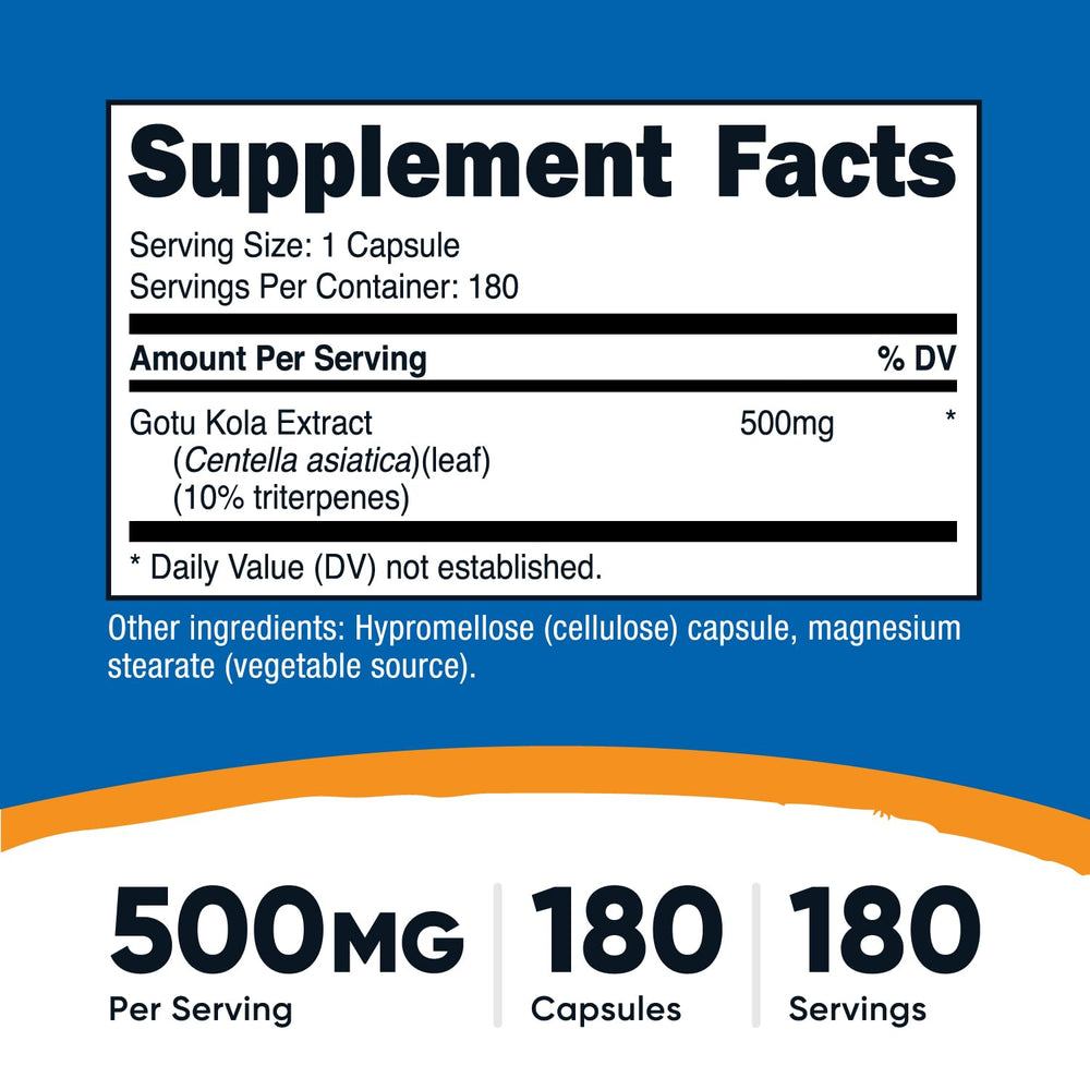Nutricost Gotu Kola bottle label highlights 500 mg per capsule.