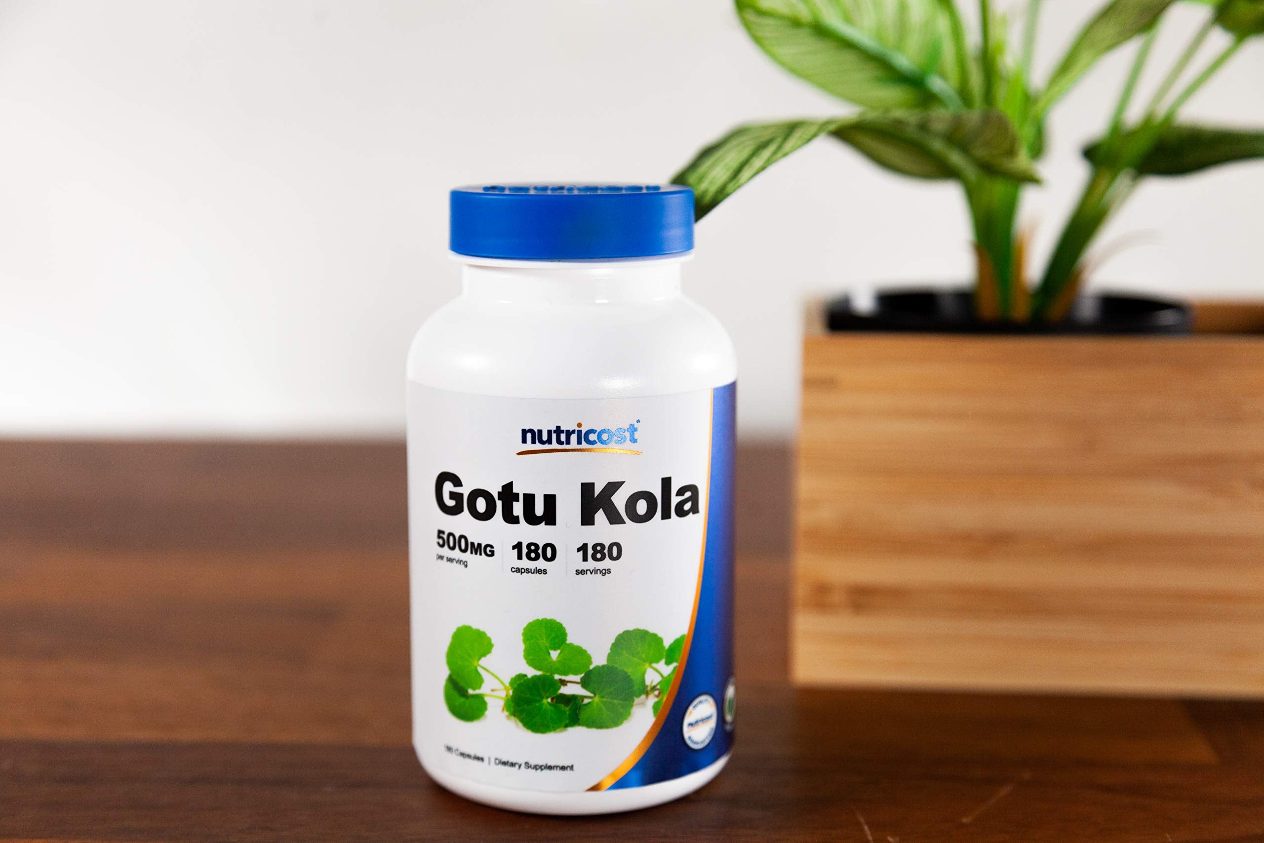 Nutricost Gotu Kola capsules closeup, vegetarian-friendly option.