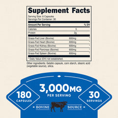 Nutricost Grass Fed Beef Organs bottle back with ingredients and dietary notes
