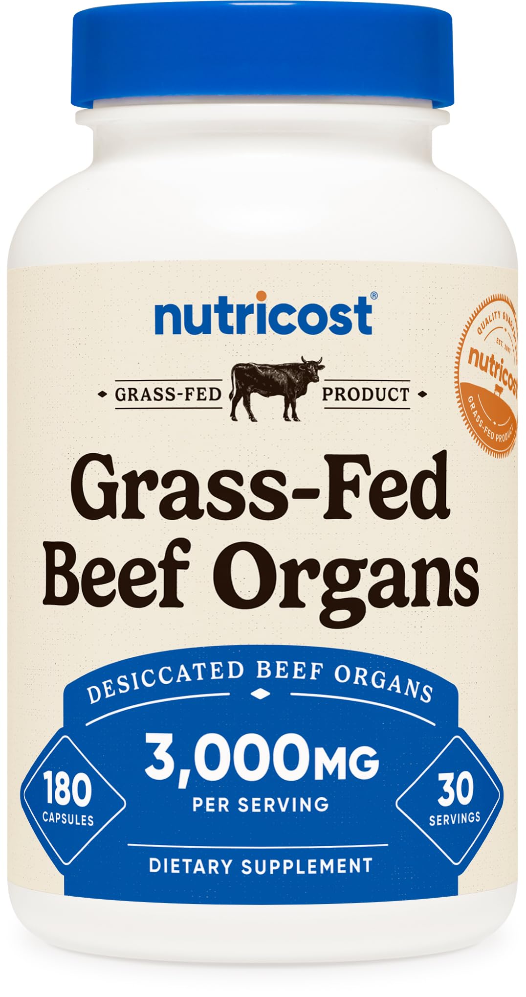 Nutricost Grass Fed Beef Organs bottle front showing 180 capsules for daily nutrition