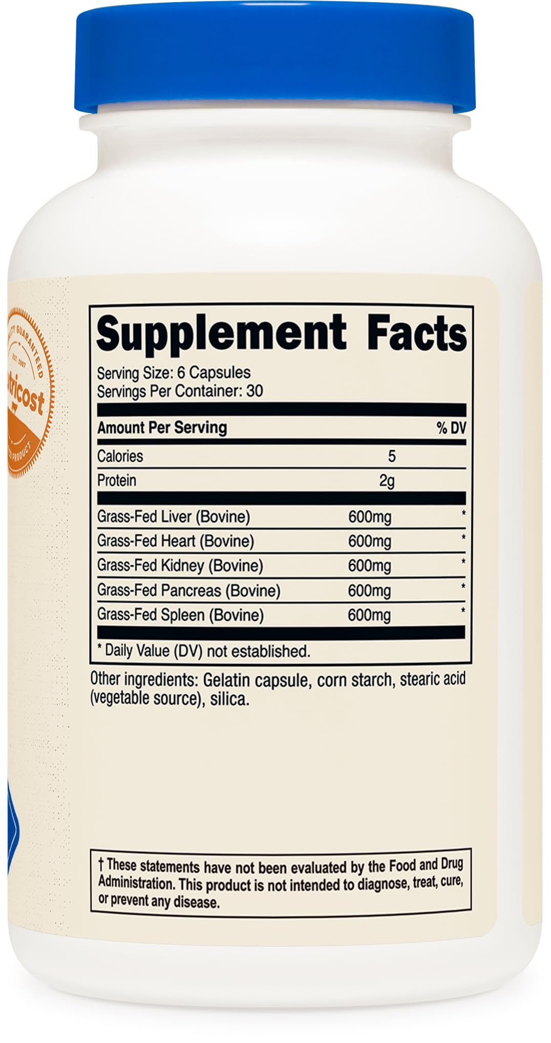 Label detail of Nutricost Grass Fed Beef Organs highlighting GMO-free and gluten-free notes