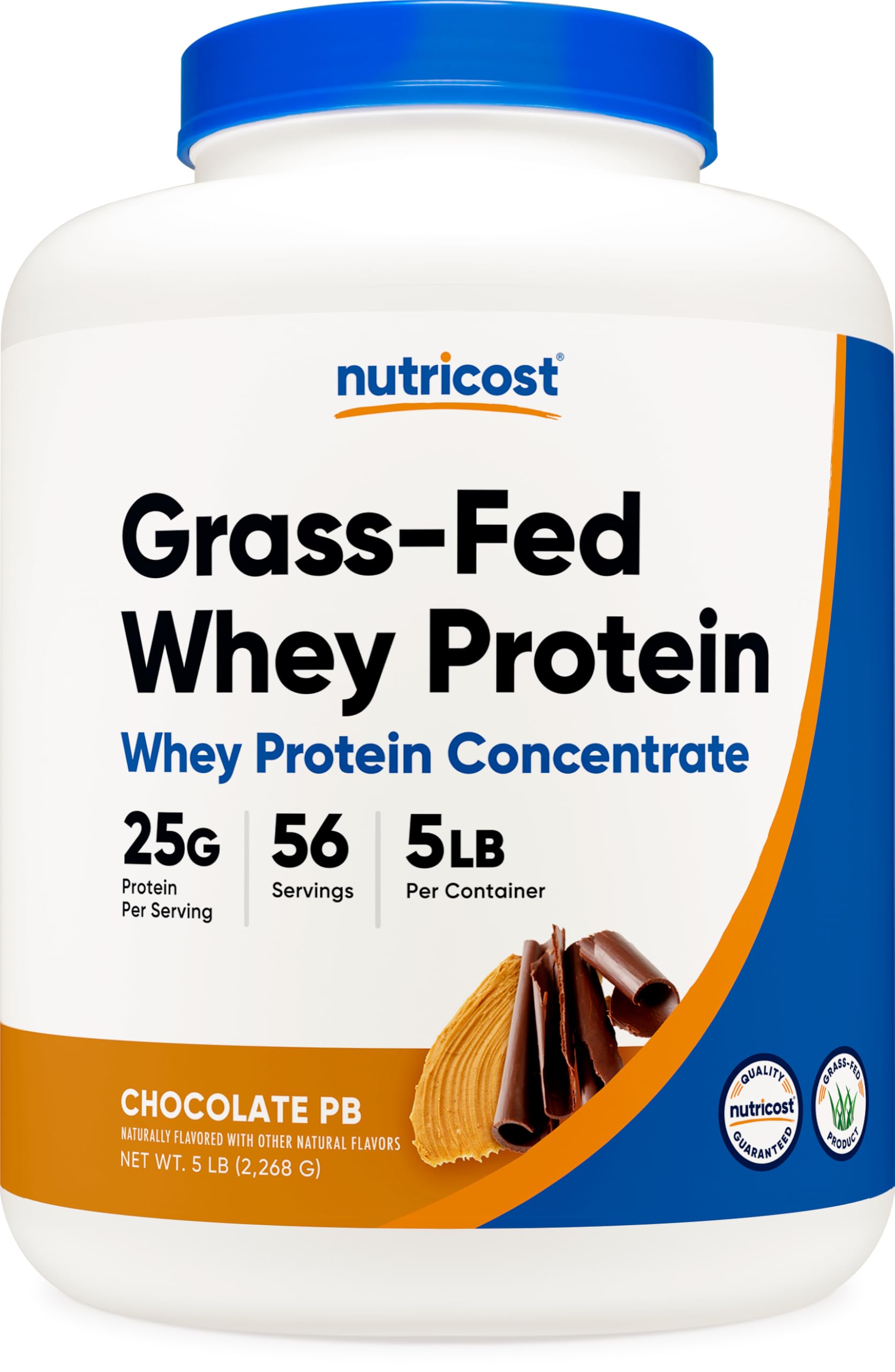 Nutricost Grass-Fed Whey Protein Concentrate chocolate peanut butter tub provides convenient protein.