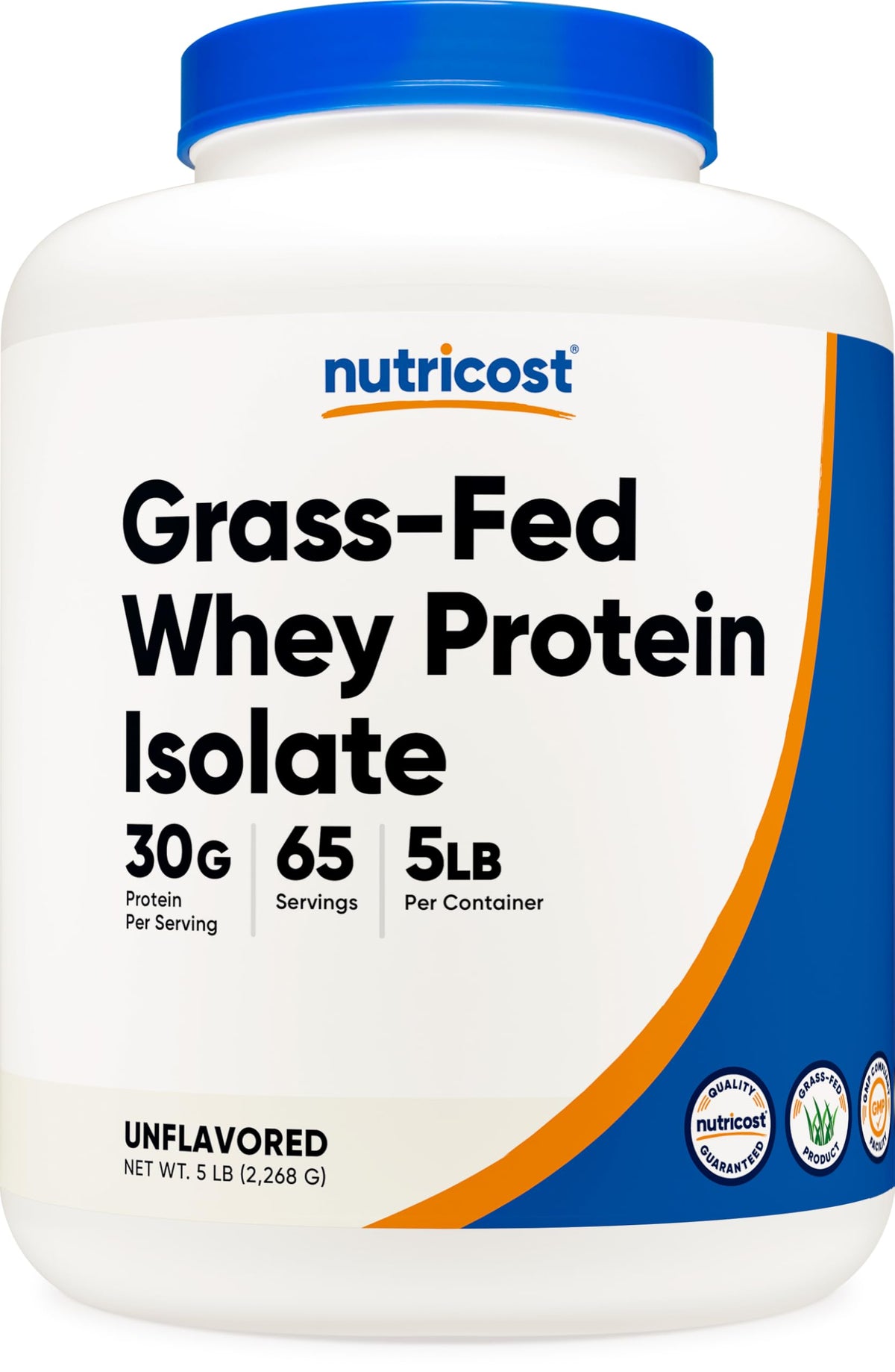 Nutricost Grass-Fed Whey Protein Isolate bottle highlights pure isolate quality for shakes.