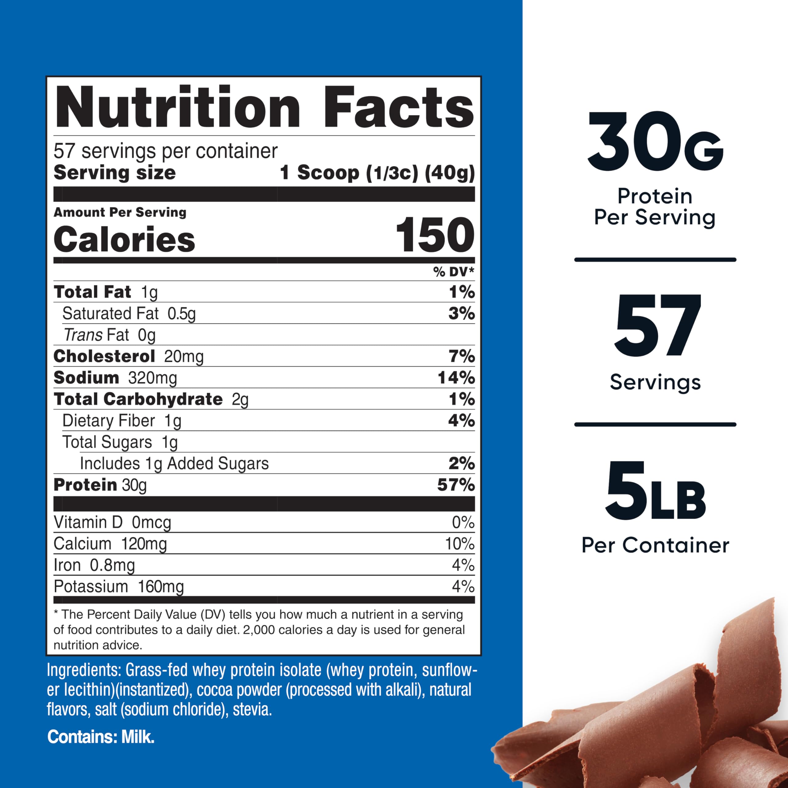 Nutricost grass-fed whey protein isolate chocolate bottle back with nutrition facts