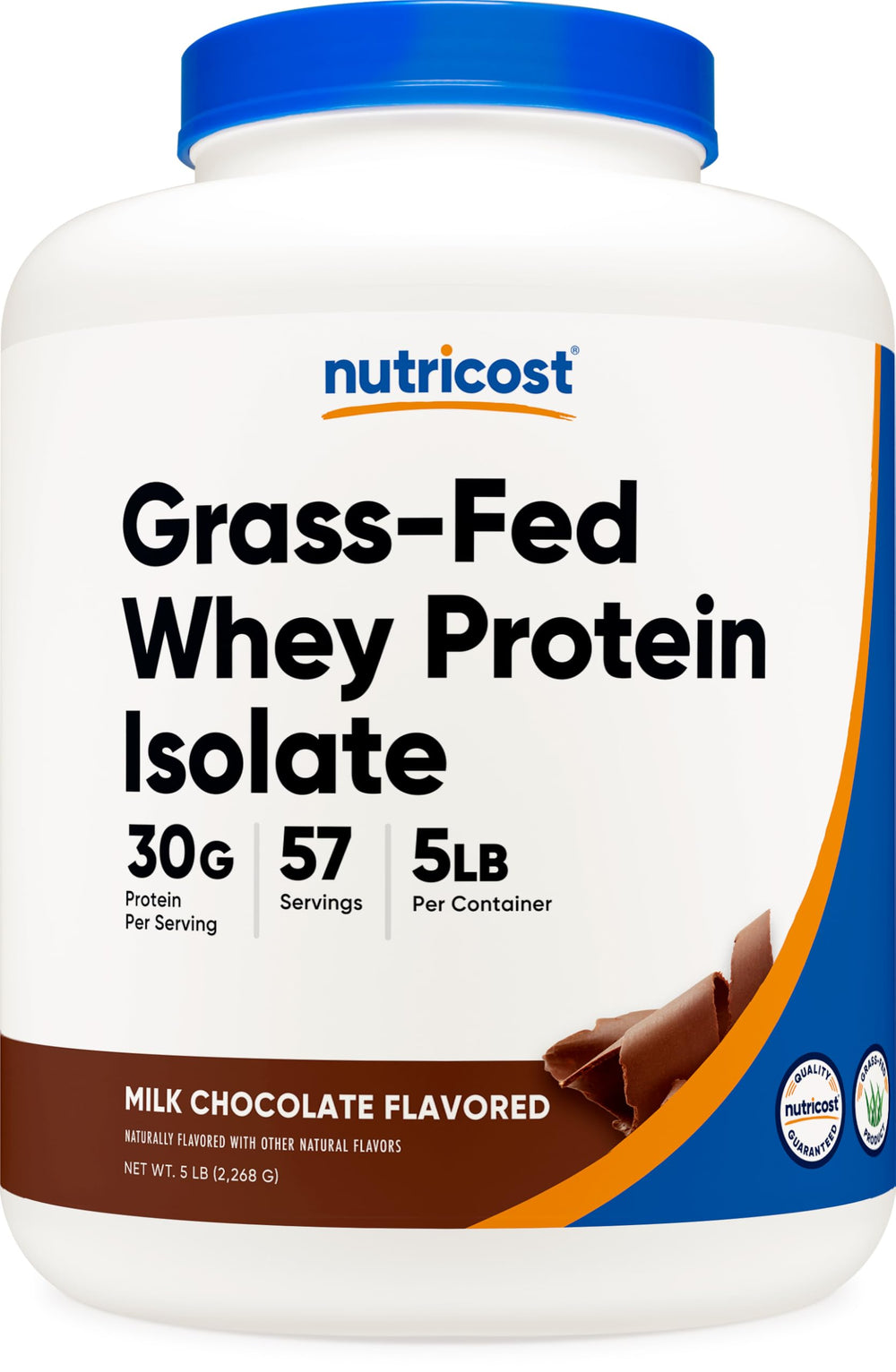 Nutricost grass-fed whey protein isolate chocolate bottle front for post-workout recovery