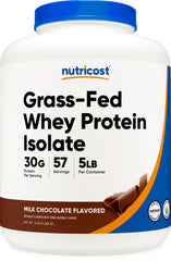 Nutricost grass-fed whey protein isolate chocolate bottle front for post-workout recovery