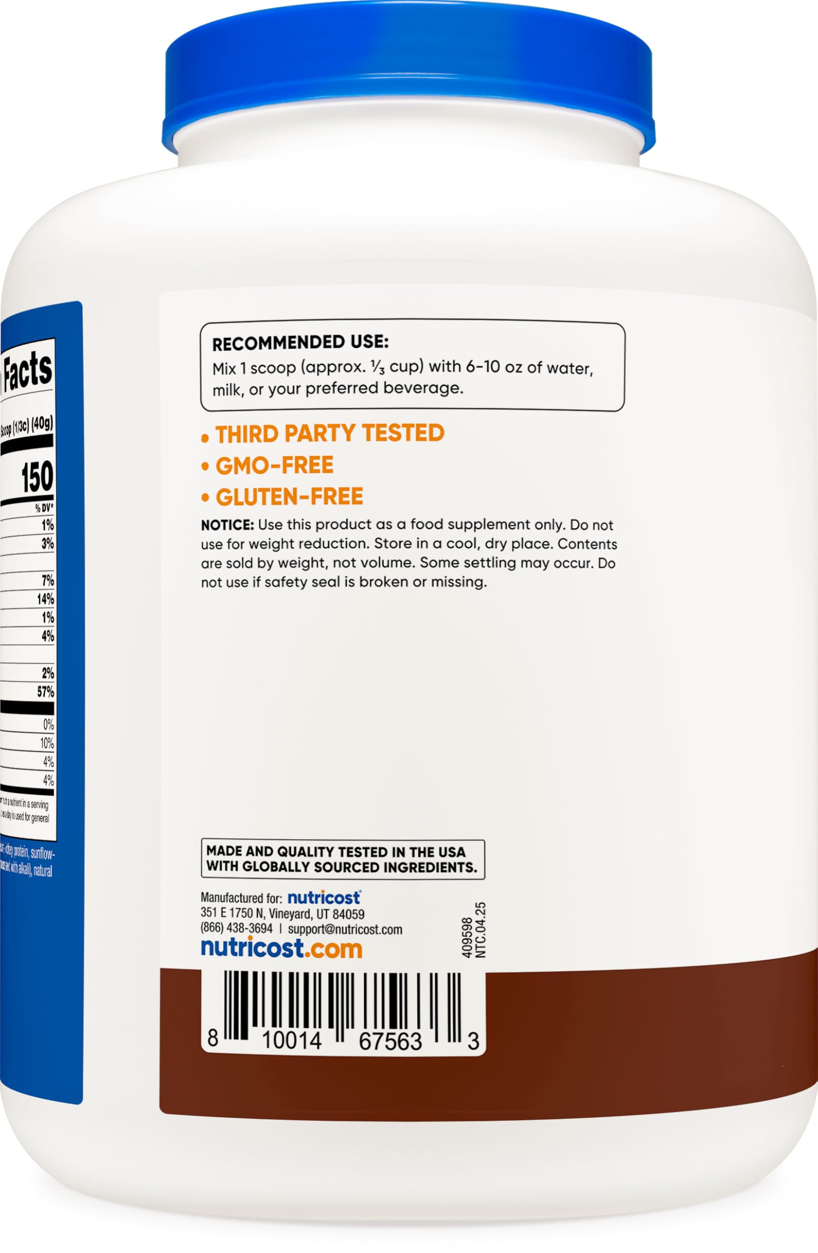 Chocolate powder tub from Nutricost demonstrates clean, gluten-free formula
