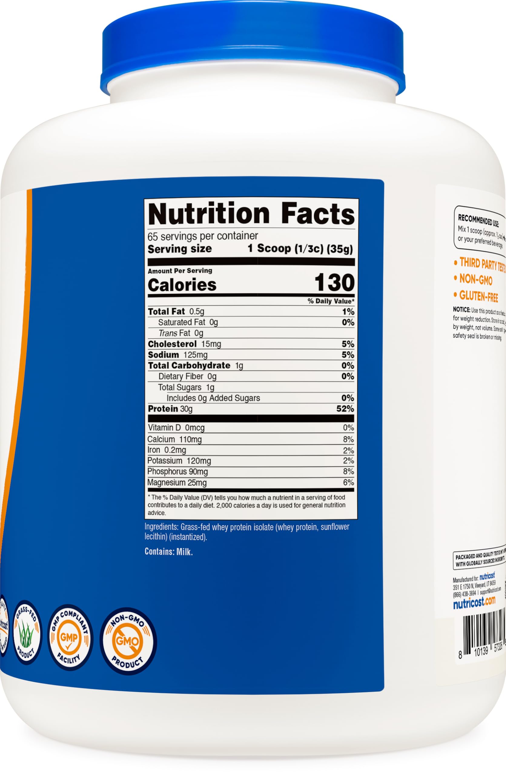 Nutricost Grass-Fed Whey Protein Isolate facility image emphasizes GMP and FDA registration.