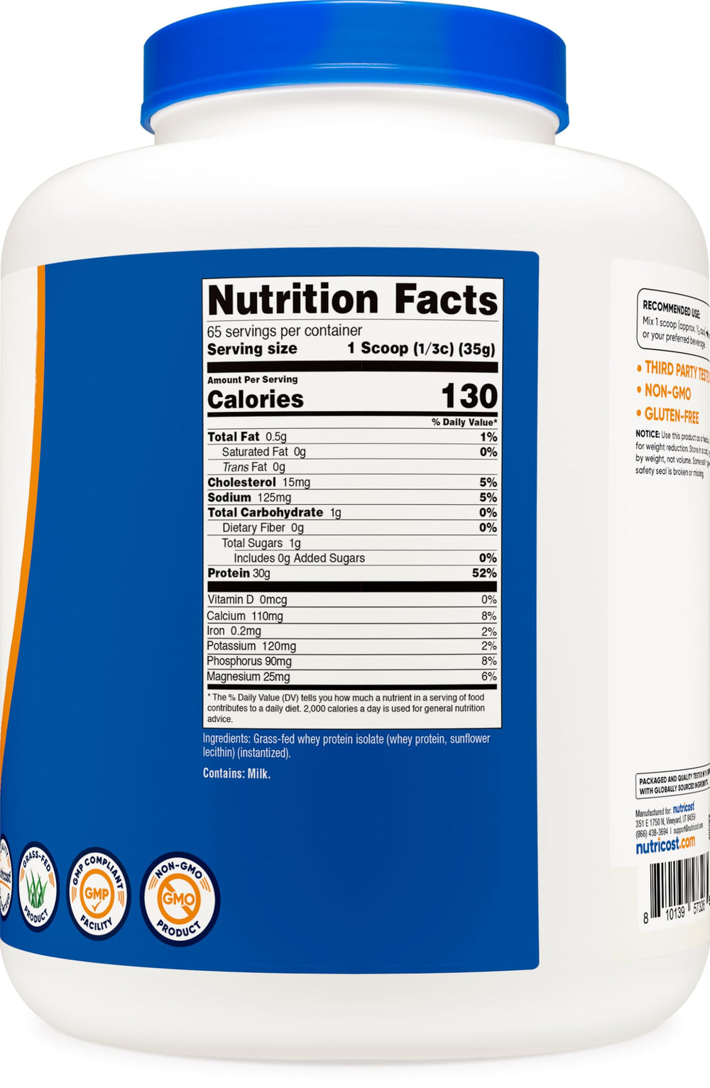 Nutricost Grass-Fed Whey Protein Isolate facility image emphasizes GMP and FDA registration.