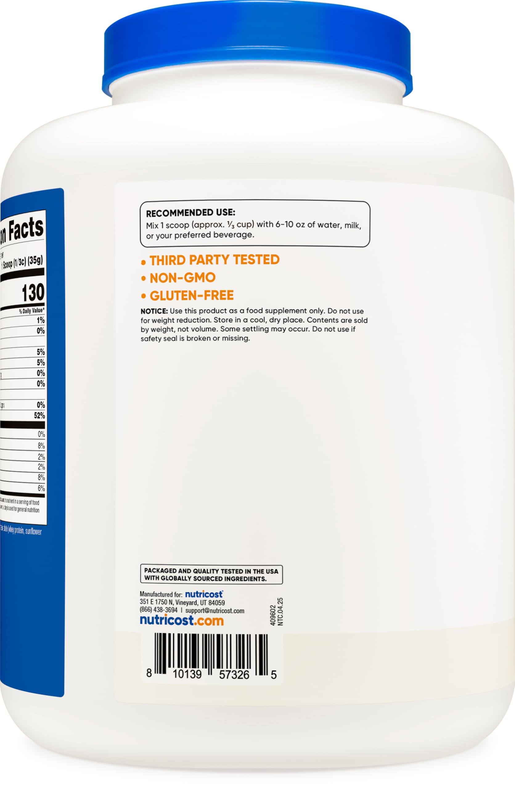 Nutricost Grass-Fed Whey Protein Isolate nutrition label shows protein content and certifications.