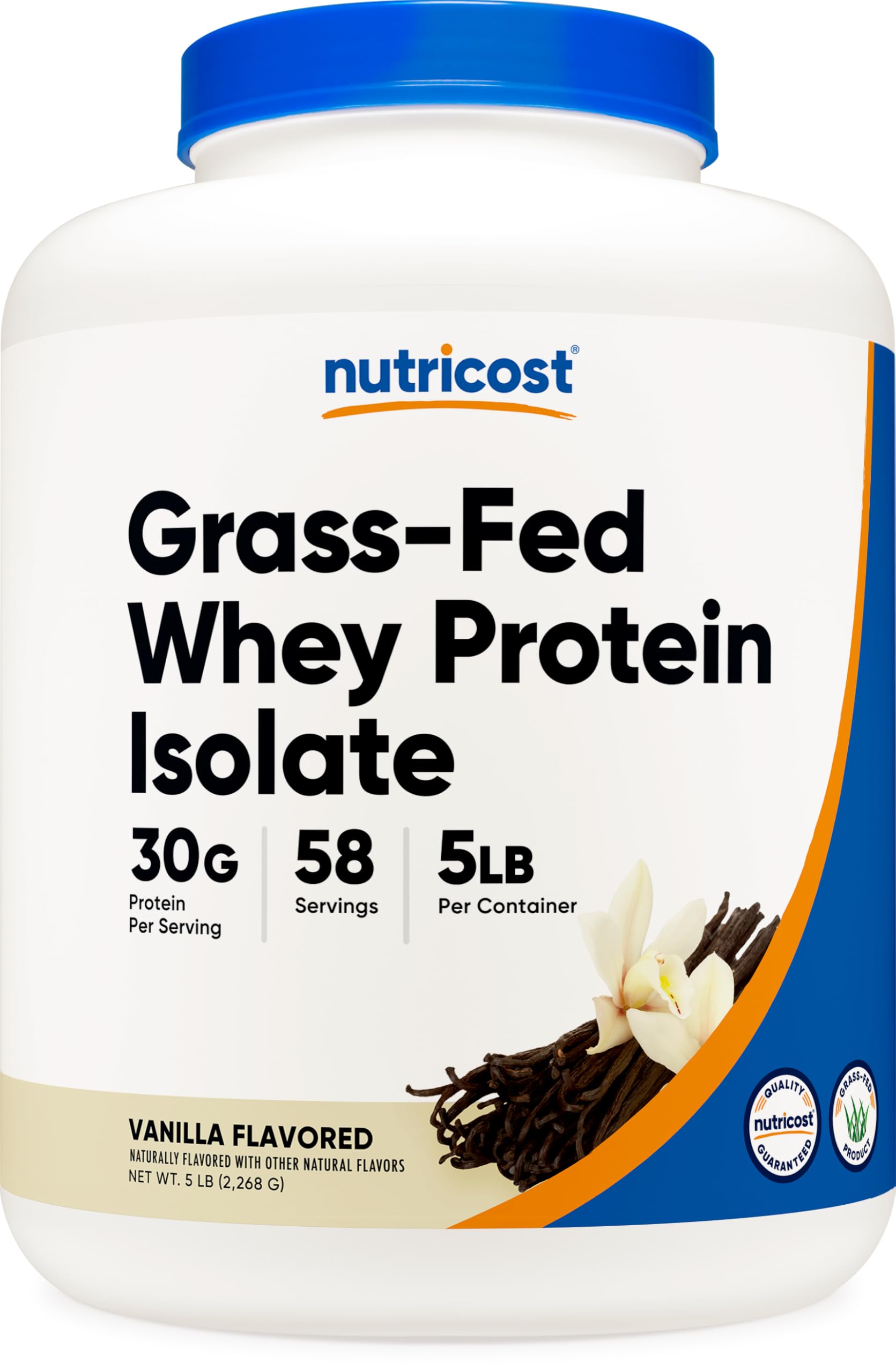 Nutricost Grass-Fed Whey Protein Isolate Vanilla bottle highlights premium quality.