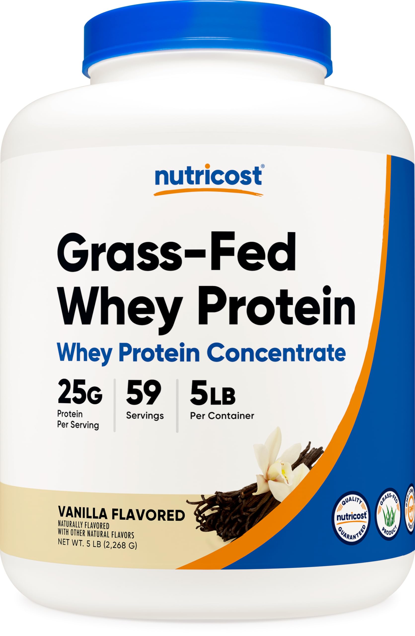 Nutricost Grass-Fed Whey Vanilla concentrate bottle highlighting high-protein nutrition.