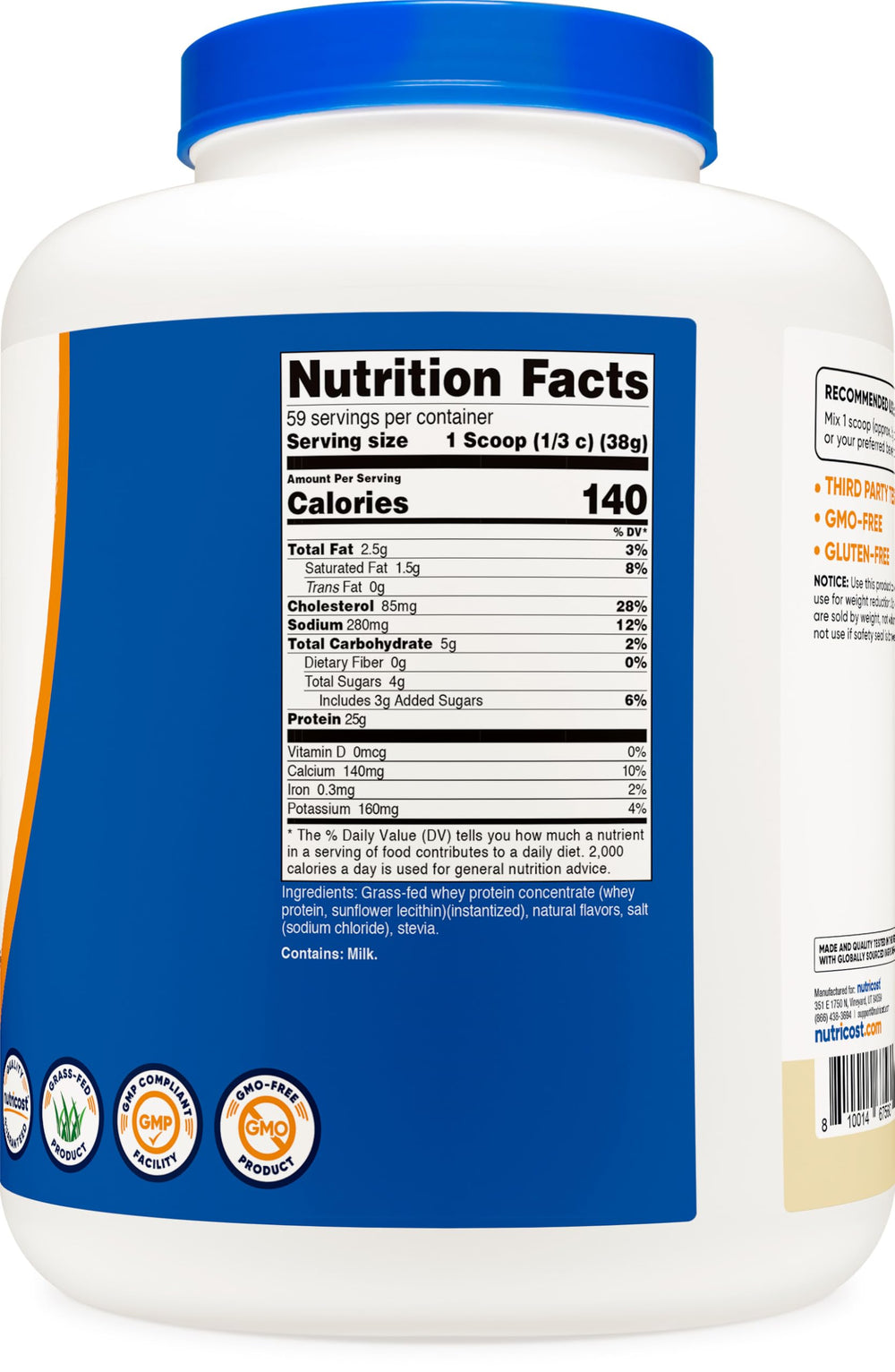 Nutricost grass-fed whey vanilla concentrate label highlights non-GMO and gluten-free benefits.