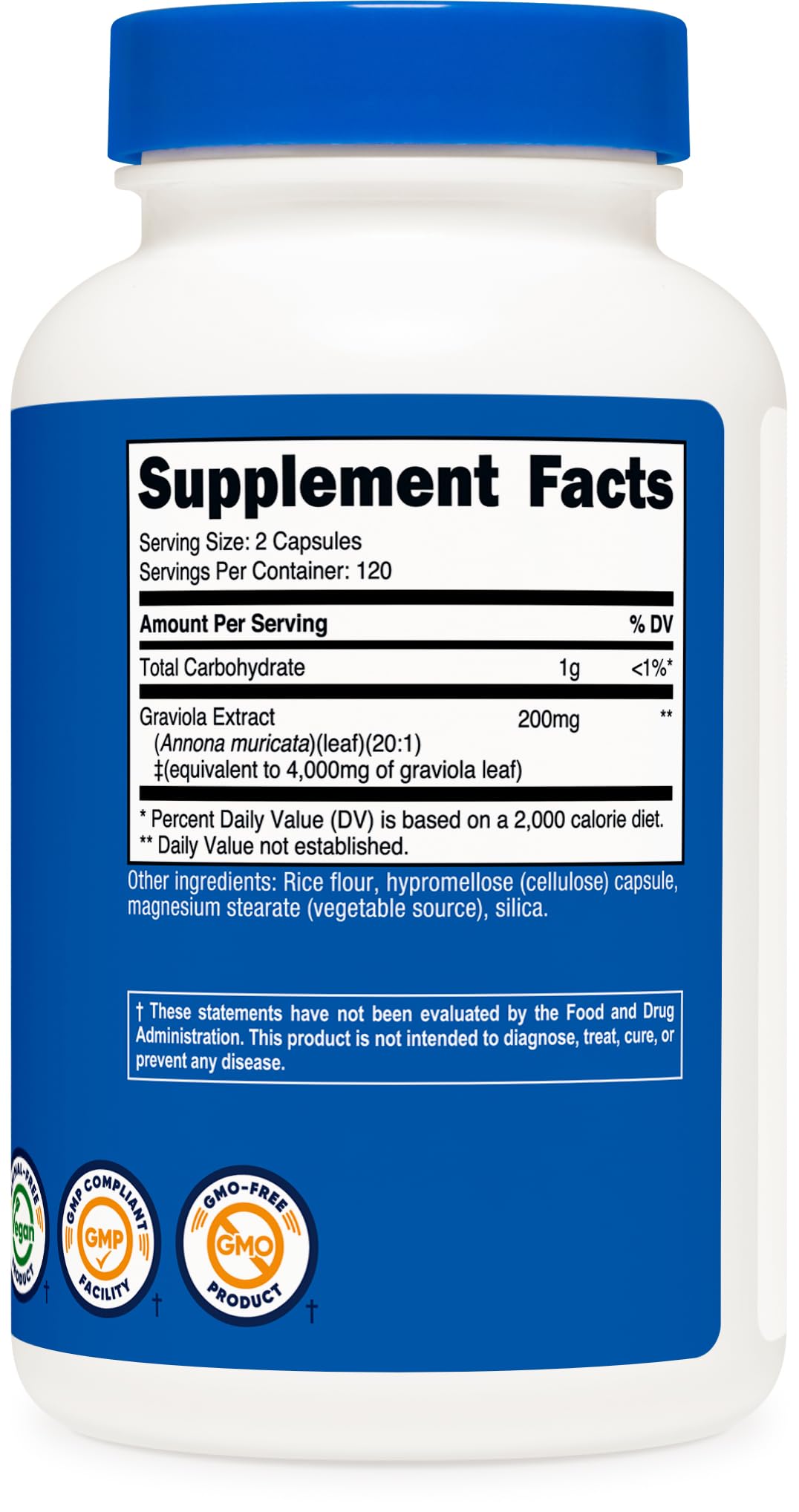 Nutricost Graviola 120 servings bottle on shelf.