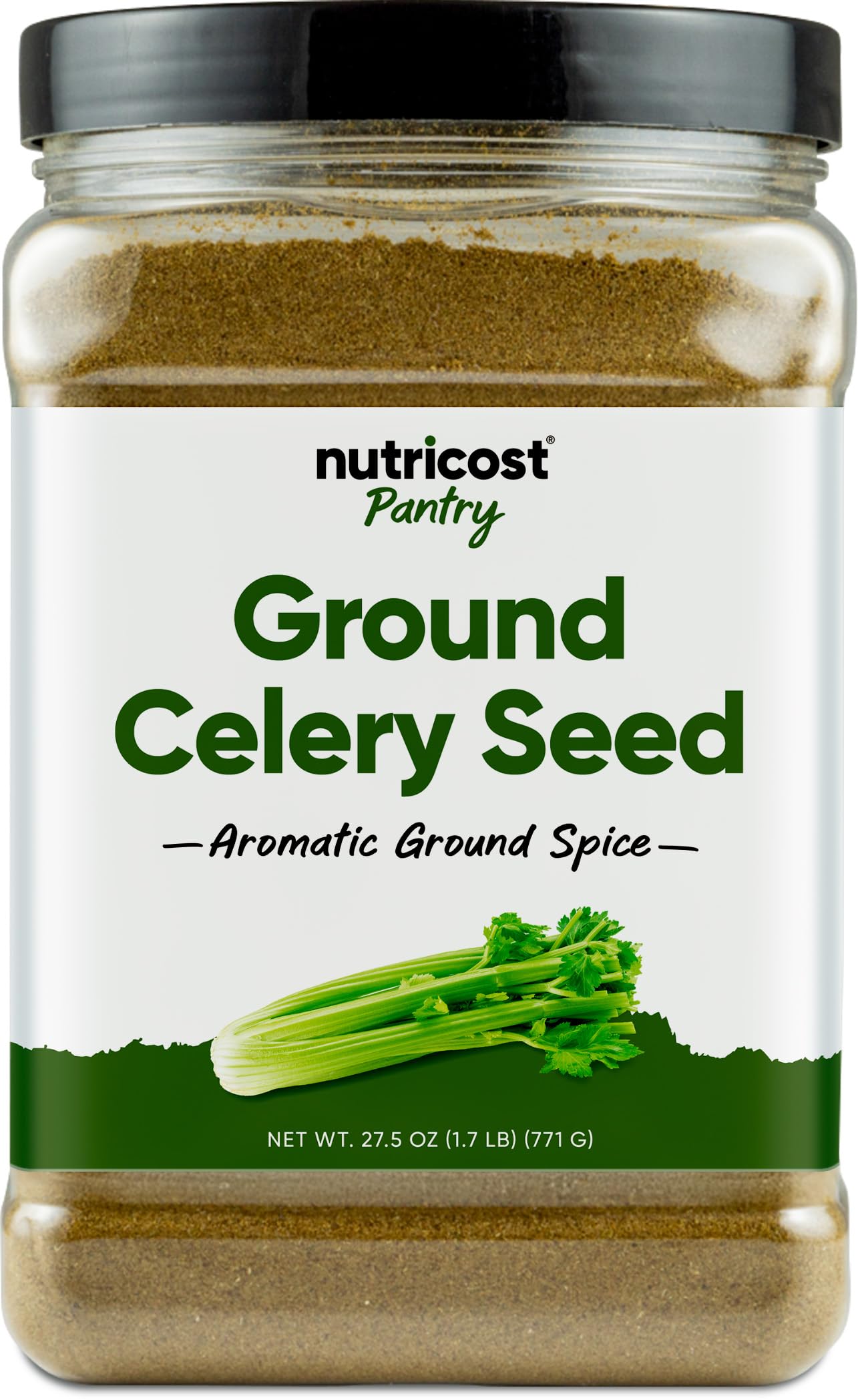 Nutricost Ground Celery Seed jar on shelf, ideal for flavoring soups and stews