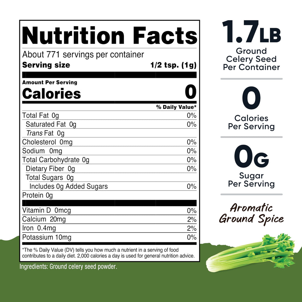 Nutricost ground celery seed pour-spoon closeup, perfect for pickling and seasoning