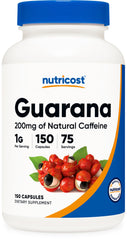 Nutricost Guarana bottle front highlights natural caffeine for steady energy
