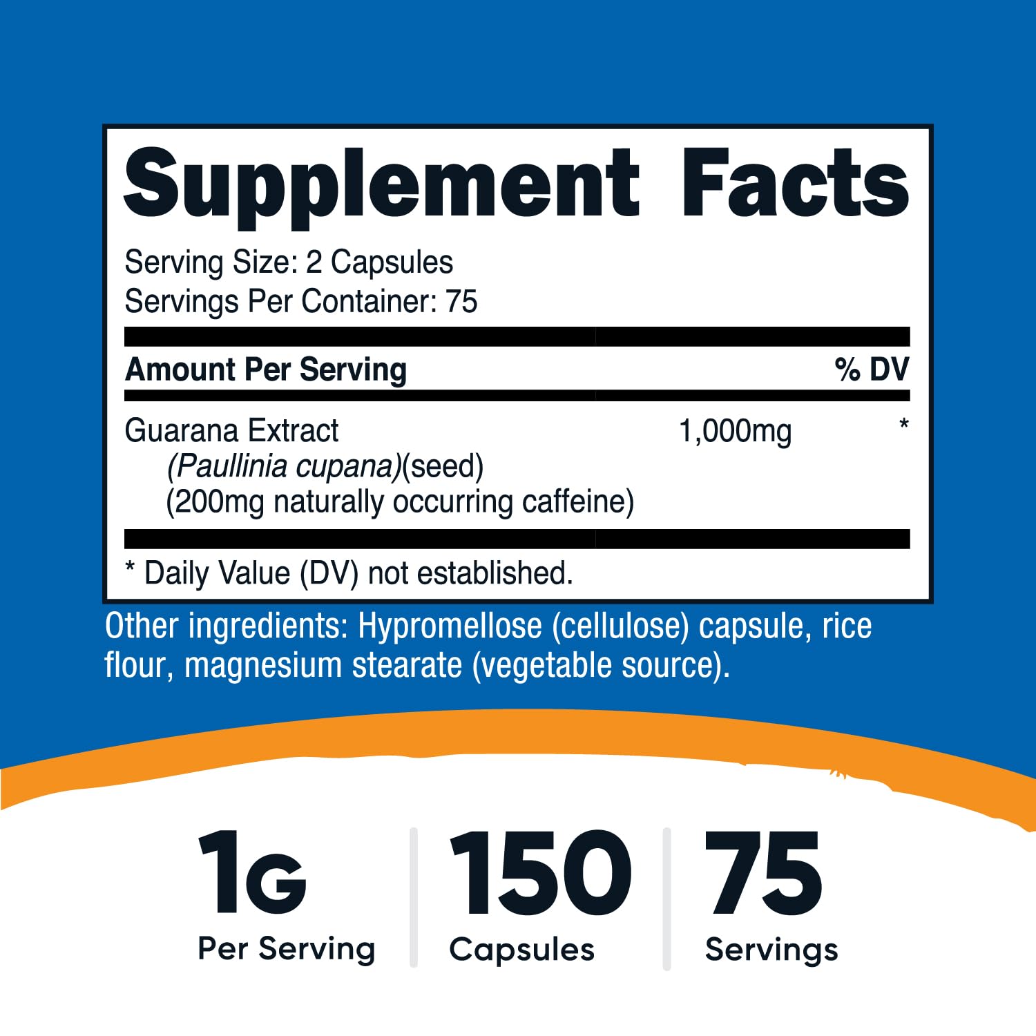 Nutricost Guarana capsules closeup showing 1000mg per serving for clean energy