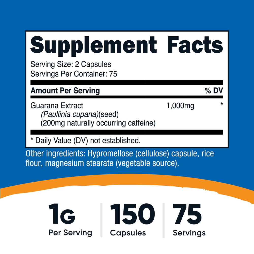 Nutricost Guarana capsules closeup showing 1000mg per serving for clean energy