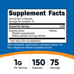 Nutricost Guarana capsules closeup showing 1000mg per serving for clean energy