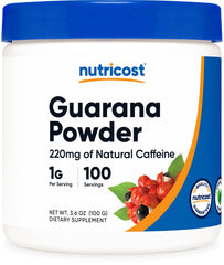 Nutricost guarana extract powder bottle front showing the product and branding for energy support