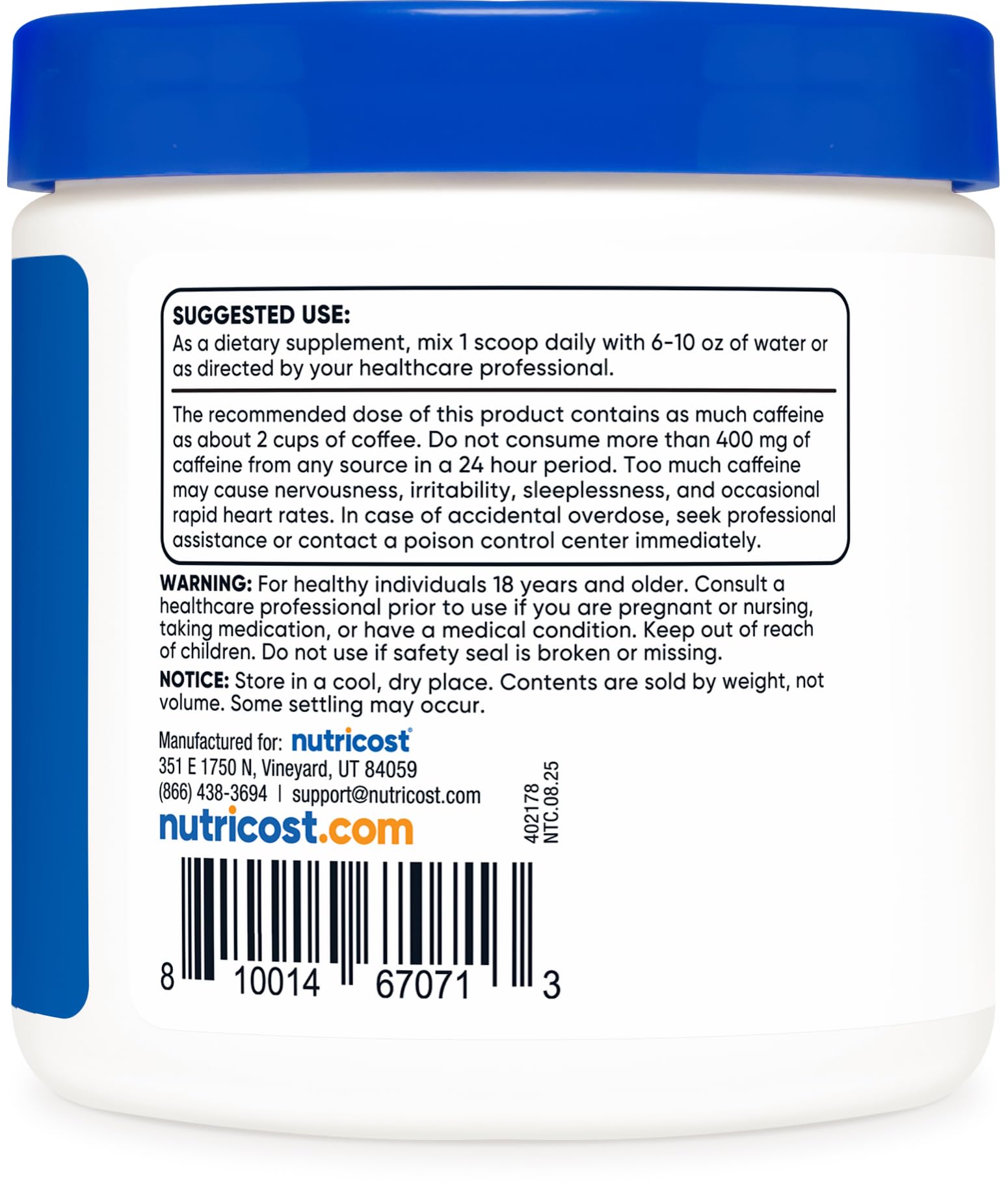 Nutricost guarana extract powder being dispensed into a cup for a caffeine boost