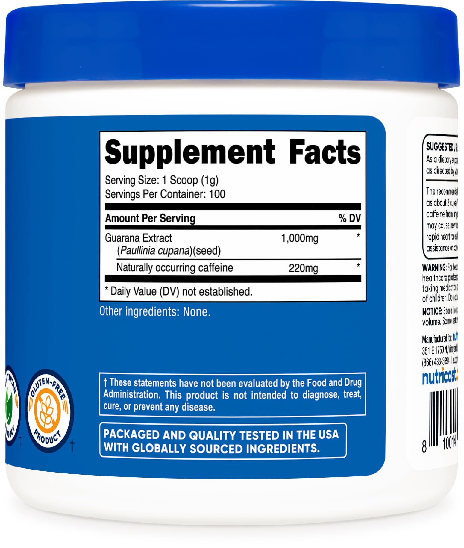 Nutricost guarana extract powder on a pantry shelf ready for daily use