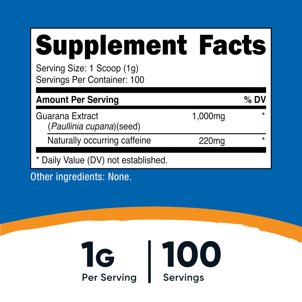 Nutricost guarana extract powder serving scoop in container for easy measuring