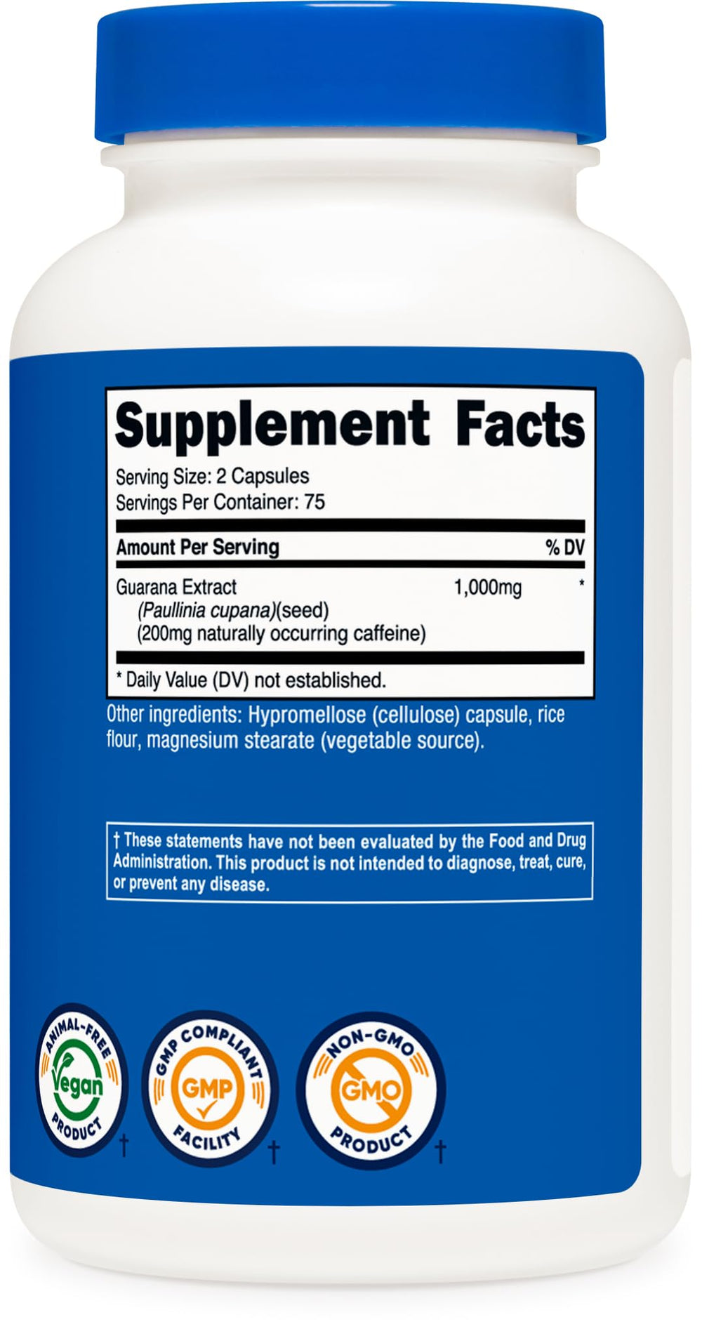 Nutricost Guarana ingredients list emphasizes non-GMO and vegan friendly formula