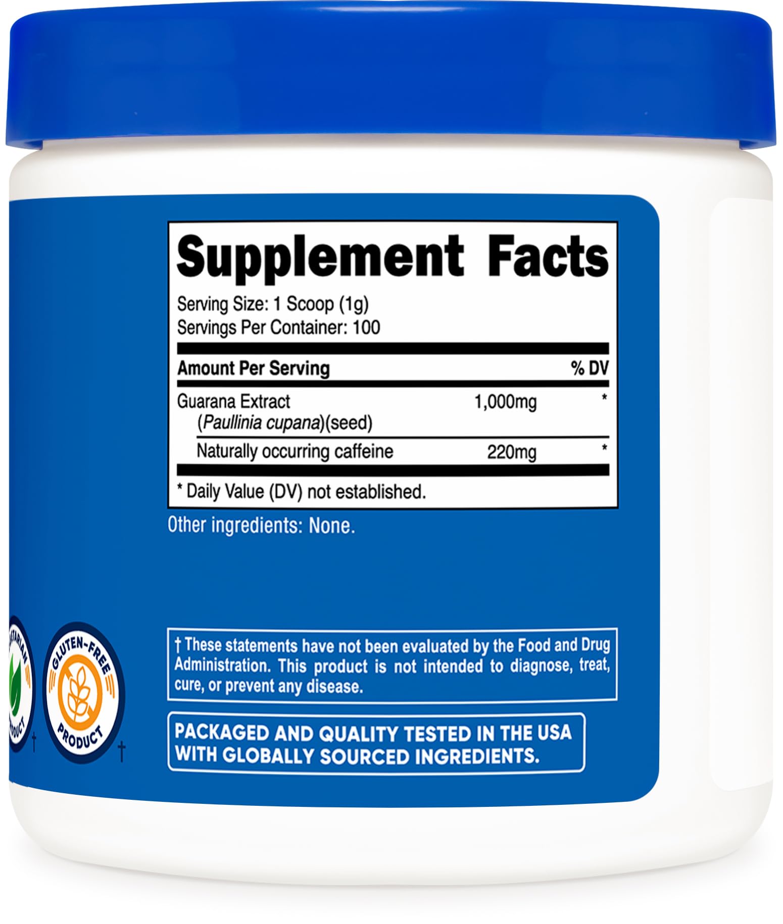 Nutricost Guarana packaging and facility label indicating quality standards