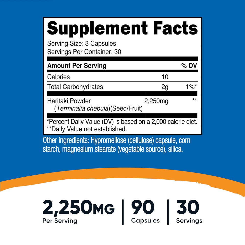 Nutricost Haritaki bottle label close-up showing ingredient details