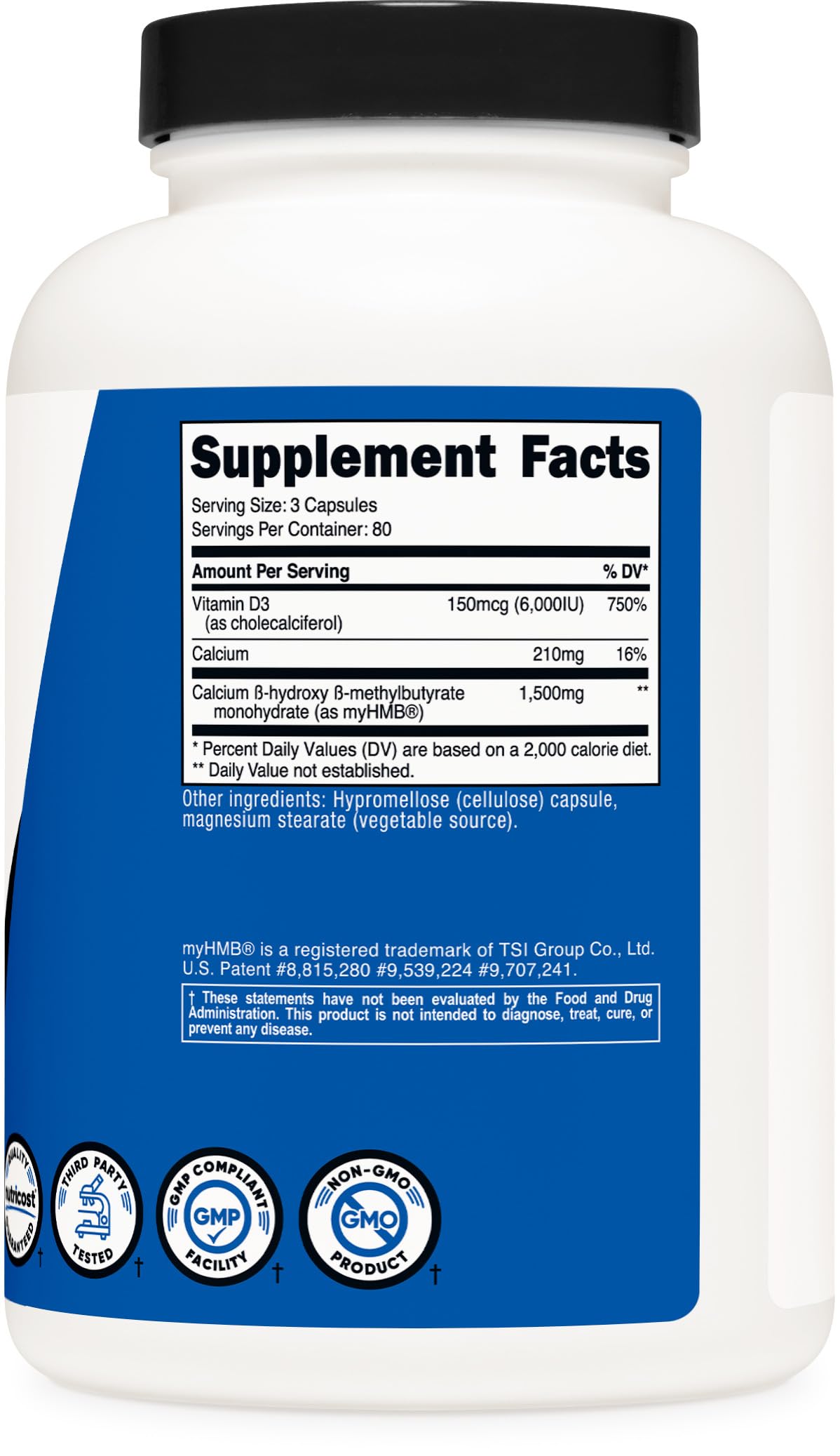 Nutricost HMB D3 gluten-free non-GMO badge on packaging