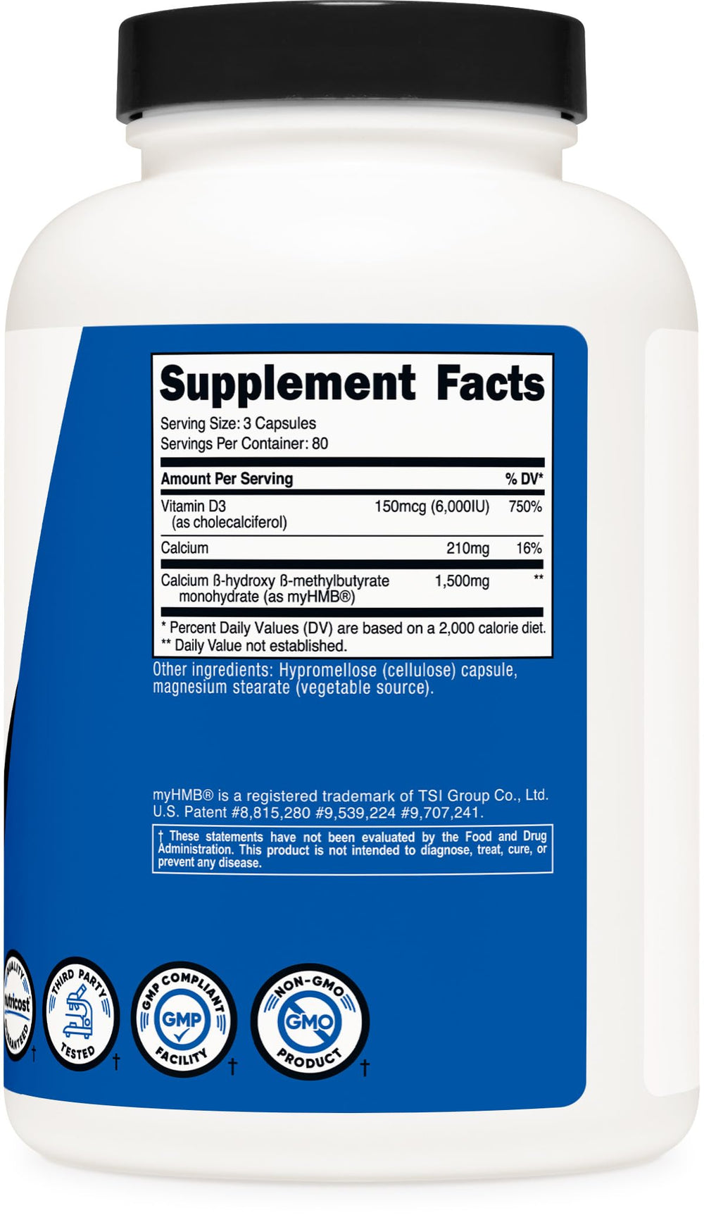 Nutricost HMB D3 gluten-free non-GMO badge on packaging