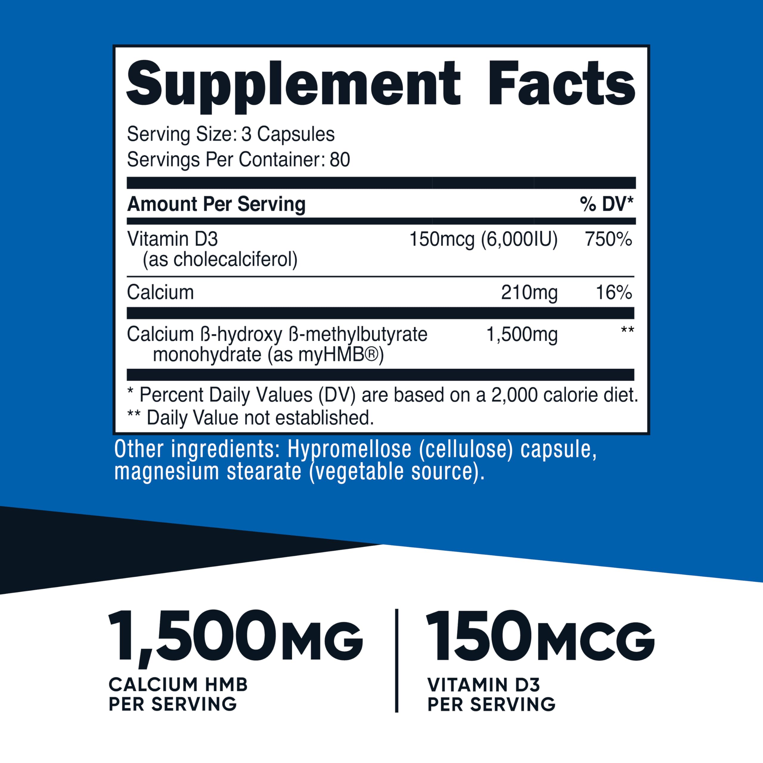 Nutricost HMB D3 capsules inside bottle for convenient daily dosing