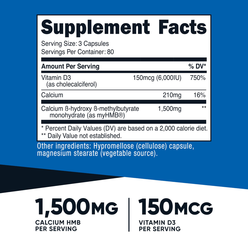 Nutricost HMB D3 capsules inside bottle for convenient daily dosing