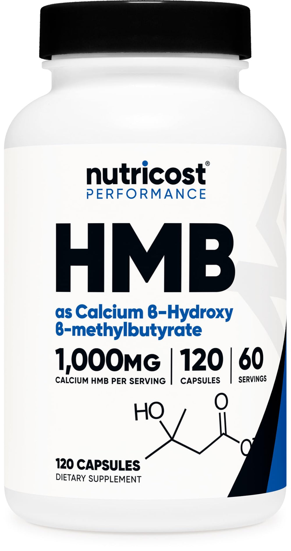 Nutricost HMB bottle front view for daily supplement routine.