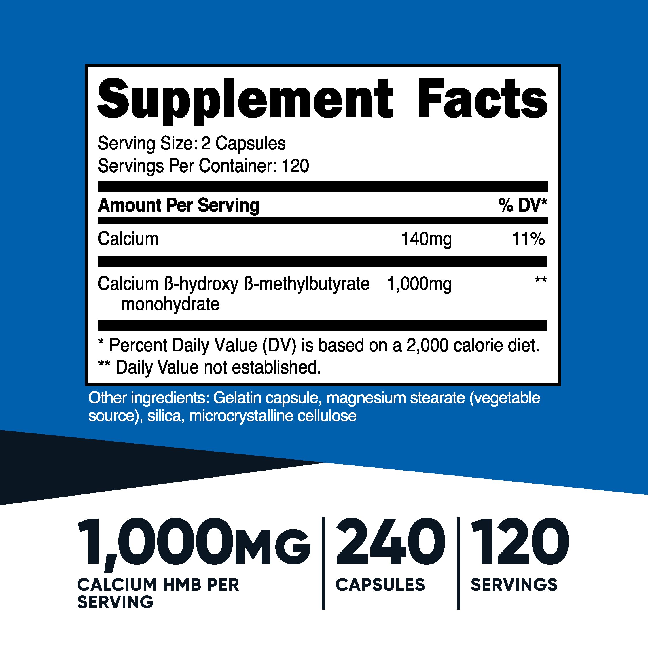 Nutricost HMB capsules close-up highlighting precise 500 mg dose per capsule.