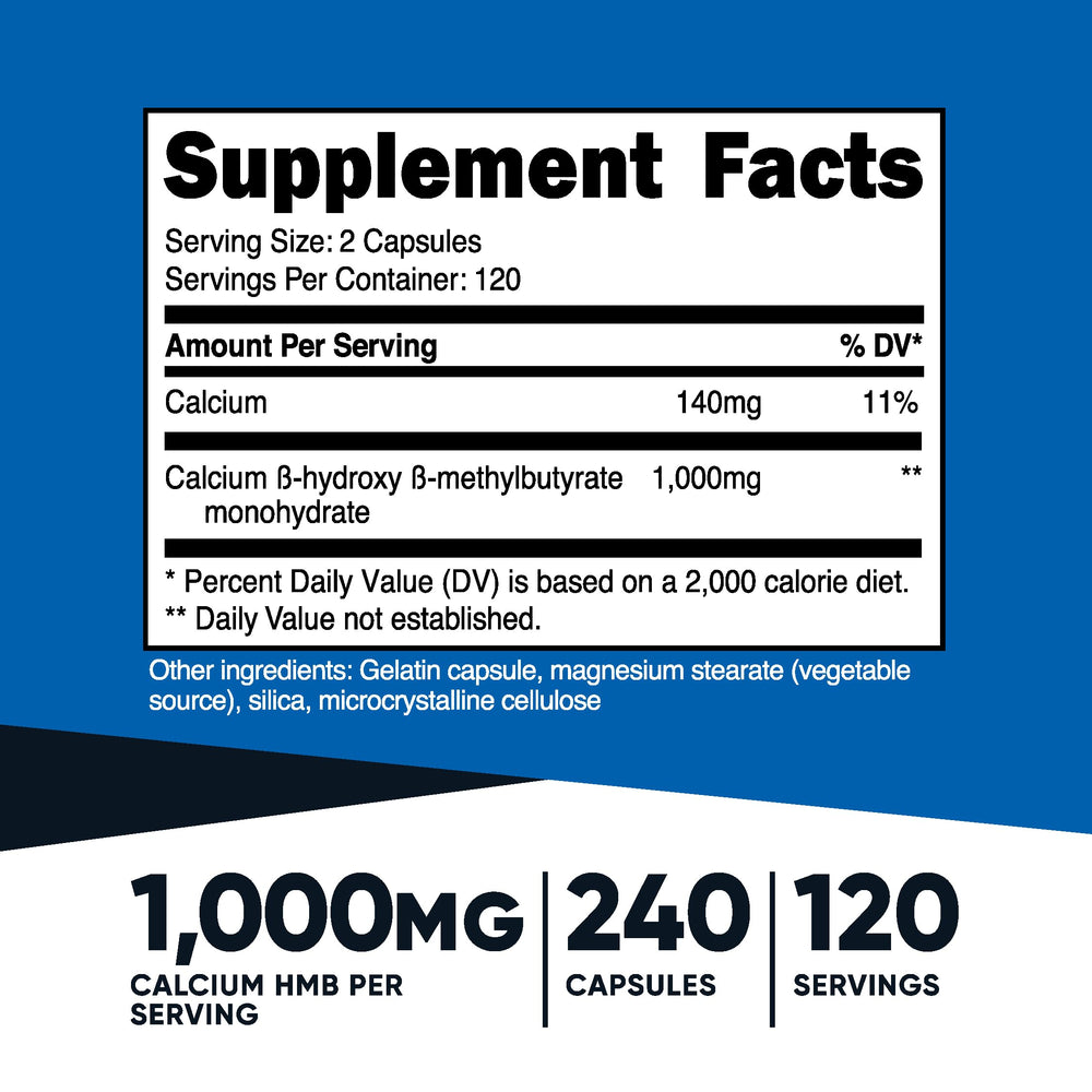 Nutricost HMB capsules close-up highlighting precise 500 mg dose per capsule.