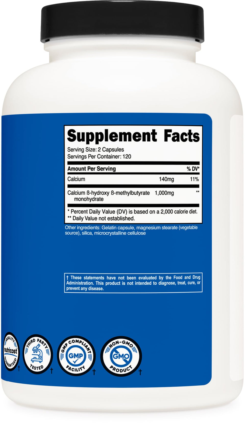 Gluten-free and non-GMO Nutricost HMB label with clean seal.