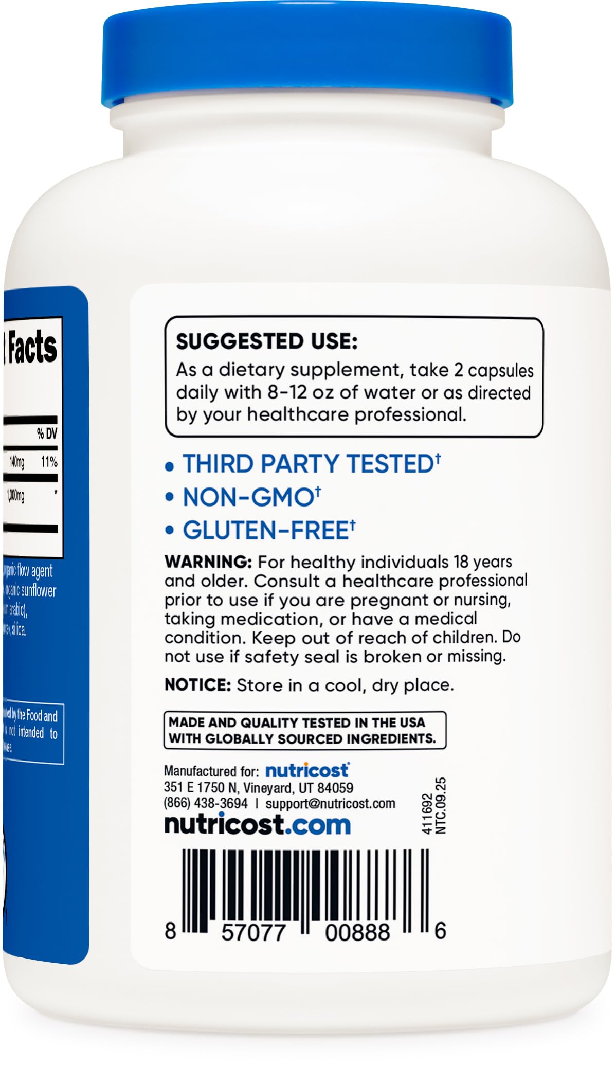 Nutricost HMB bottle label highlights non-GMO and gluten-free info