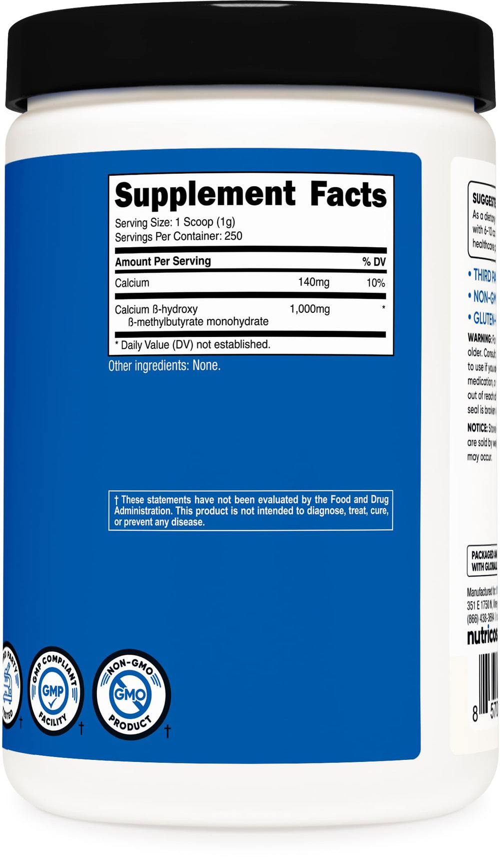 Nutricost HMB Powder ingredients panel shows clean, transparent formulation.