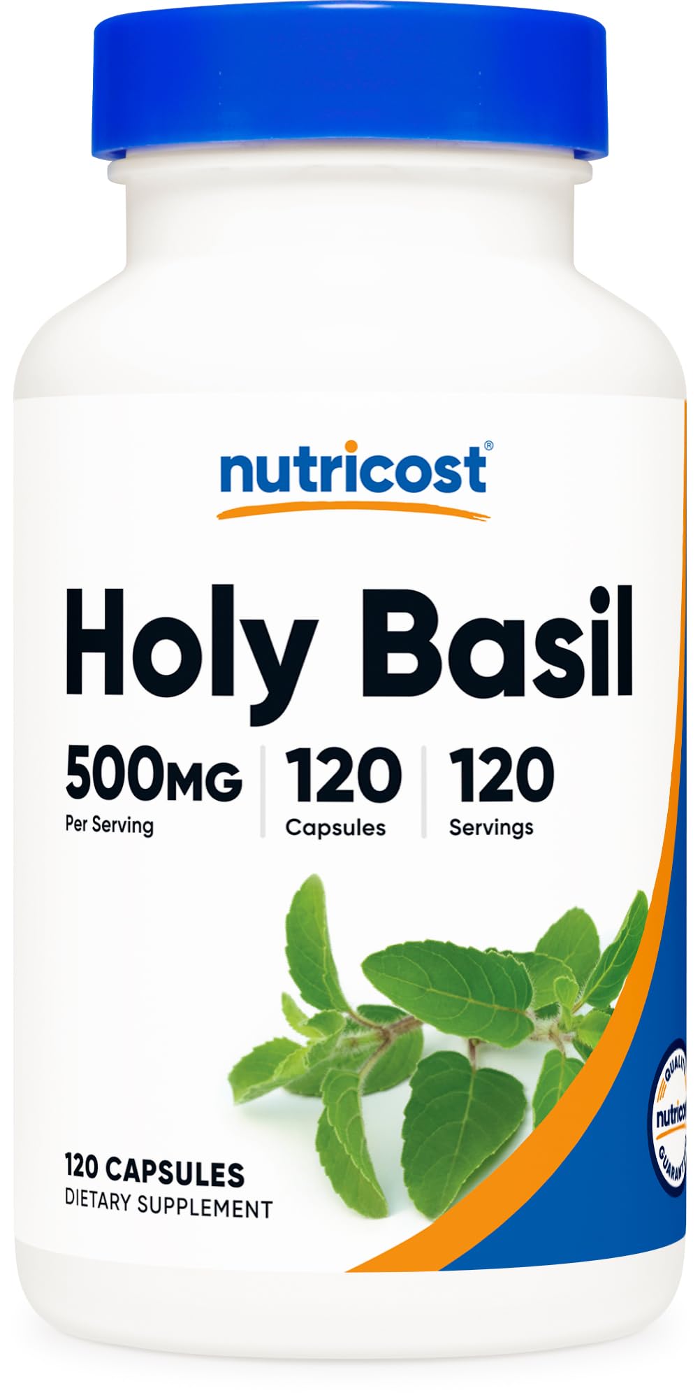Nutricost Holy Basil capsules bottle showing 500mg per serving for daily wellness