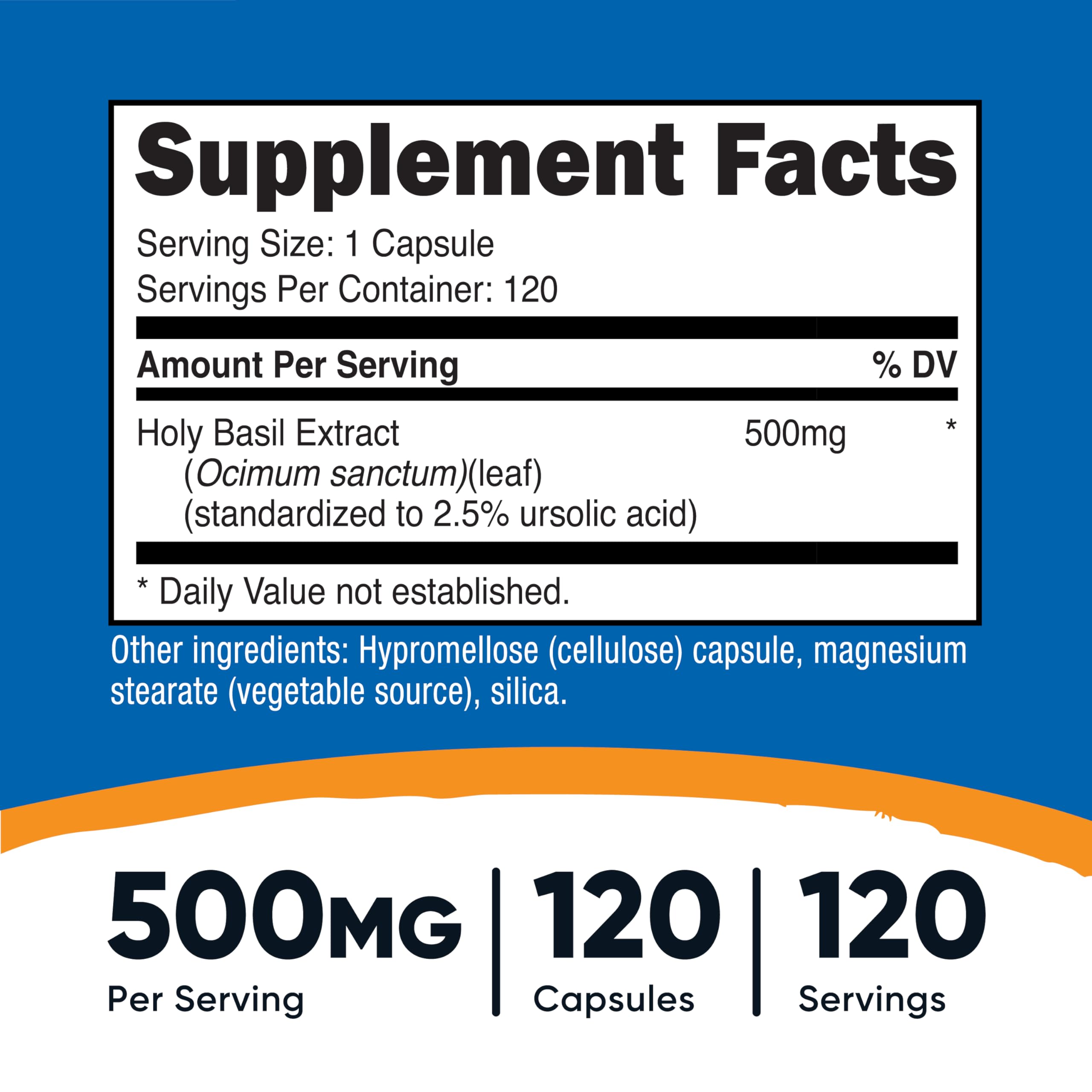 Nutricost Holy Basil capsules bottle highlighting 120 servings per bottle