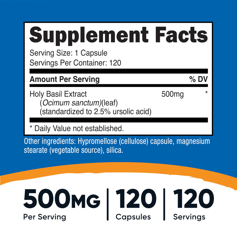 Nutricost Holy Basil capsules bottle highlighting 120 servings per bottle