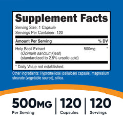 Nutricost Holy Basil capsules bottle highlighting 120 servings per bottle
