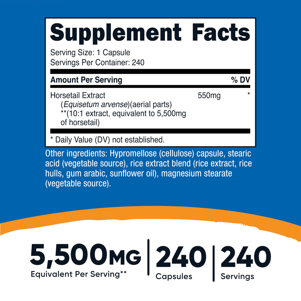 Nutricost Horsetail Extract Capsules label close-up for potency emphasis